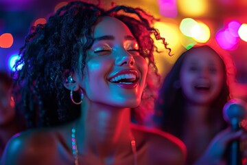 Obraz premium A woman sings with a big smile at a party lit with colorful lights