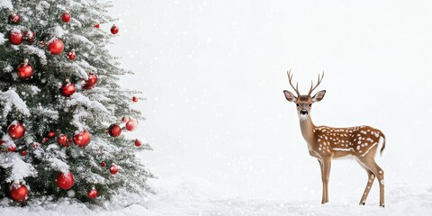 Serene Deer Beside a Snowy Christmas Tree