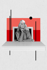 Composite trend artwork sketch image photo collage of trader business aged lady sit office table computer monitor think mind music disk