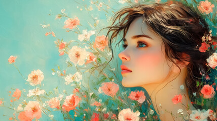 Naklejka premium facial profile and flowers style realistic still life painting for international women's day