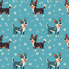 Vector seamless pattern with cute dogs, bones and paws. Cute dog breeds in different poses isolated on blue background.Happy dogs pattern, pet print perfect for kids textile.