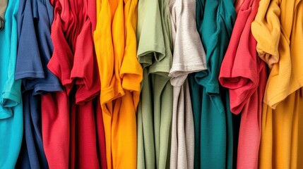 A vibrant collection of folded t-shirts in various colors showcasing textile variety and fashion appeal.