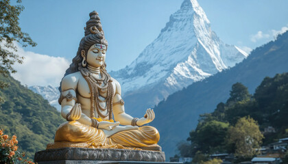 Fototapeta premium Shiva statue meditating with ama dablam mountain in background