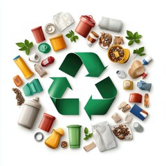 A vibrant collection of recyclable items arranged around a green recycling symbol, promoting sustainability and eco-friendliness.