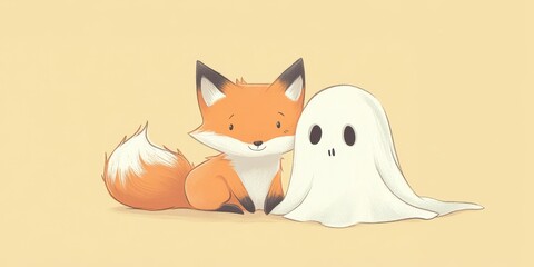 Fototapeta premium Fox Cub with Ghost in Playful Hiding Scene