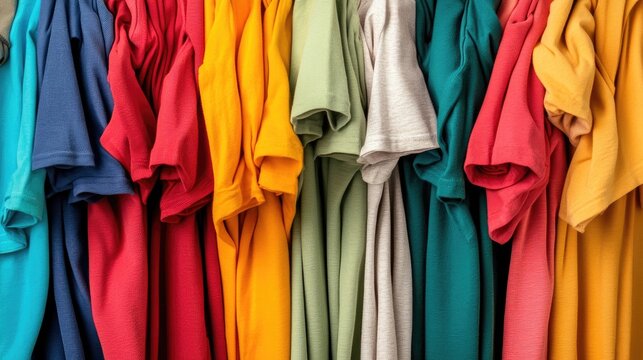A vibrant collection of folded t-shirts in various colors showcasing textile variety and fashion appeal.