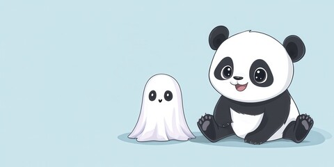 Fototapeta premium Cute Panda Cub Sitting with Adorable Ghost Character