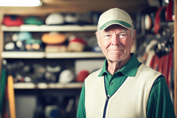 Elderly man in golfing attire smiling in a garage full of golf equipment, symbolizing passion for the sport. 