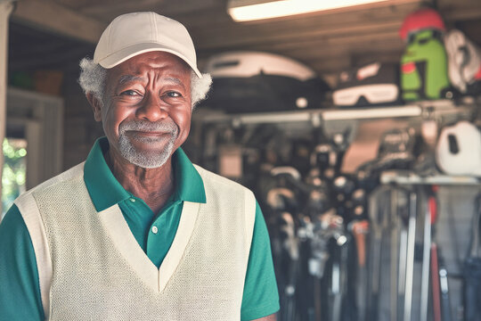 Elderly man in golfing attire smiling in a garage full of golf equipment, symbolizing passion for the sport. 