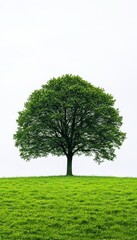 Obraz premium Solitary Deciduous Tree with Lush Green Crown on a Grassy Hill, Minimalist Nature Scene