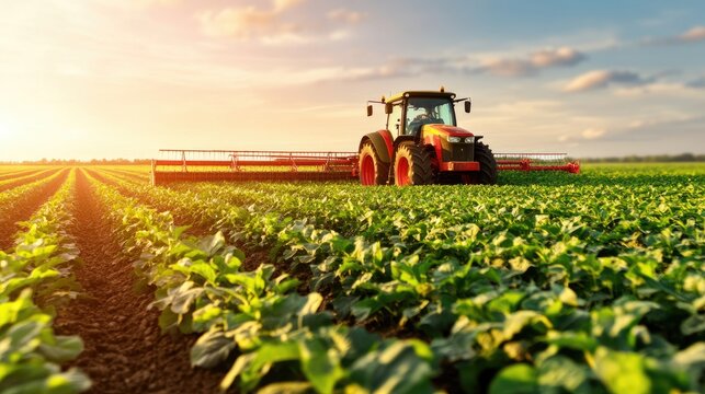 A vibrant farm field illuminated by sunlight, featuring a tractor working among lush green crops during a serene sunset.