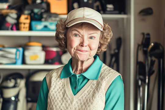 Elderly woman in golfing attire smiling in a garage full of golf equipment, symbolizing passion for the sport. 