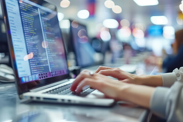 Close-up of hands typing on laptop at the office