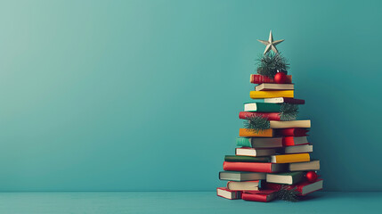 A Christmas tree made of piles of books