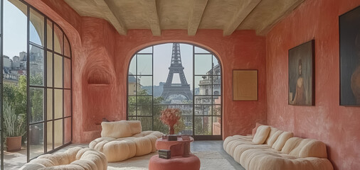 Obraz premium A quaint room overlooking the Eiffel Tower