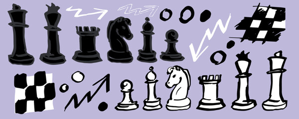 Hand drawn, chess doodle, vector, Inc., illustrations, hand drawn, chess figures, graphic style board, games, doodle, sketch, style, funky elements
