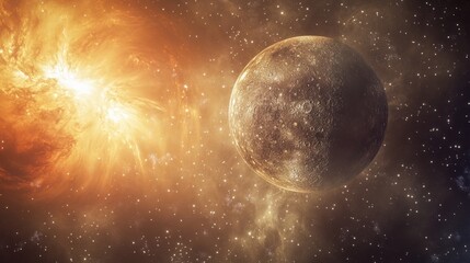 Mercury orbit around the Sun, showing the small, rocky planet against the vast backdrop of space and solar light