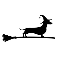 Logo con silueta de perro dachshund con sombrero de bruja en una escoba para felicitaciones y tarjetas de Halloween