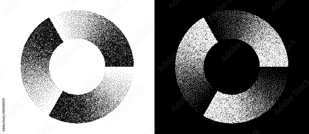 Fototapete Abstract art background with dotted circle. Stipple effect with chaotic noise in spiral. Black shape on a white background and the same white shape on the black side.