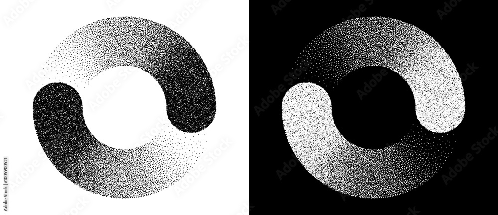 Poster Abstract art background with dotted circle. Stipple effect with chaotic noise in spiral. Black shape on a white background and the same white shape on the black side.