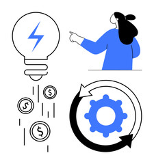 Lightbulb with lightning, coins falling, person pointing, gear with circular arrows. Ideal for innovation, finance, efficiency technology, business. Minimalistic style
