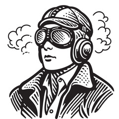 Vector Illustration of  a black and white drawing of a man in a pilot's hat and goggles
