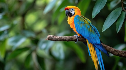 Obraz premium A vibrant parrot perched on a branch, showcasing its stunning colors amidst lush green foliage.