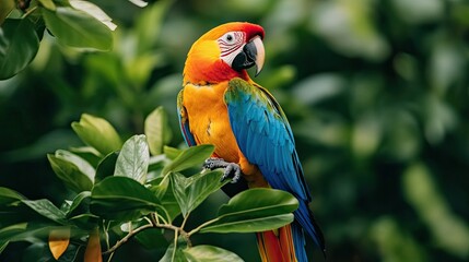 Obraz premium A vibrant parrot perched on lush green foliage, showcasing its colorful feathers in a natural tropical setting.