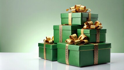 Obraz premium Stack of green gift boxes with gold ribbon and bows, gift, present, holiday, celebration, Christmas, festive, wrapping, decoration