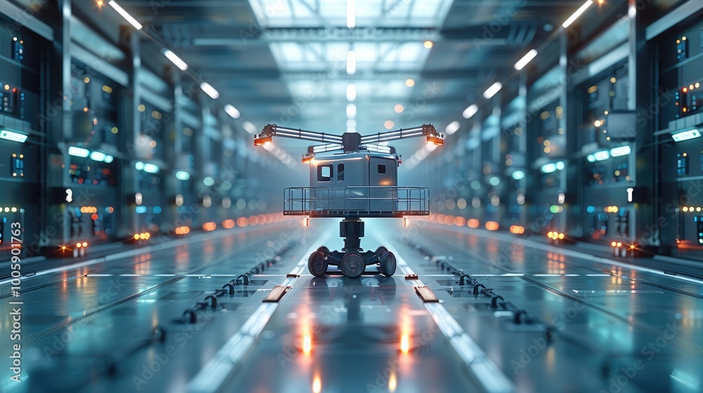 Poster a high-tech supply chain logistics hub, featuring advanced transport systems and interconnected digi