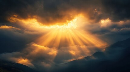 Sunlight streaming through a break in the clouds after a storm, casting golden light across the landscape