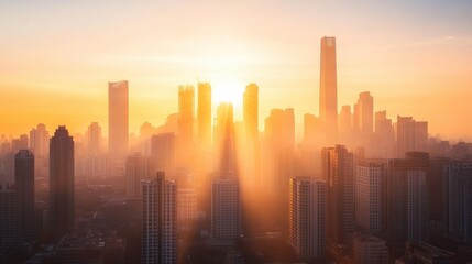 Fototapeta premium Sunrise over a city skyline, with the Sun rays illuminating tall buildings and casting long shadows