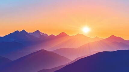 Fototapeta premium Sunrise over a mountain range, with the Sun rays illuminating the peaks and casting shadows in the valleys