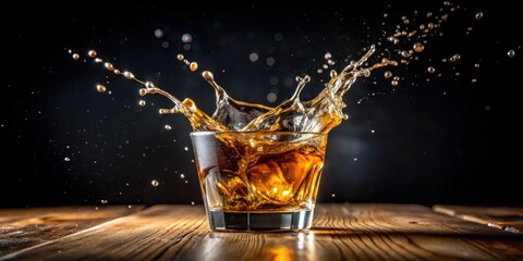 High-speed photograph of a whiskey or coffee drop splashing and freezing in motion, splash, freeze, motion, whiskey