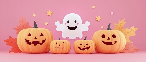 Happy Halloween pumpkins and a friendly ghost on a pink background.