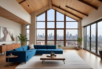 Fototapeta premium A modern living room with a large window overlooking a city skyline. The room has a blue sofa, a low wooden coffee table, and pendant lighting fixtures hanging from the exposed wooden ceiling beams