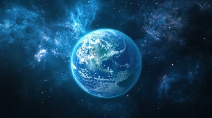 Obraz premium The Earth as a glowing blue orb in space, its atmosphere faintly visible with clouds and continents beneath