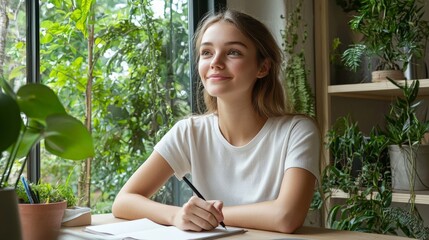 Portrait of a psychologist taking notes during a session, listening carefully, serene office setting with plants and soft decor