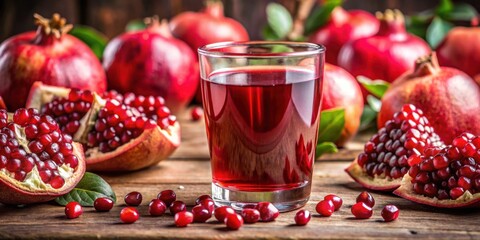 A close-up of a refreshing glass of pomegranate juice surrounded by whole pomegranates , fresh, healthy, antioxidant, beverage, drink