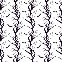 Tree branches gnarled old crooked and bats, Halloween pattern with black silhouettes on white background.