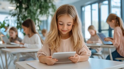A young girl focused on her tablet in a modern classroom, surrounded by classmates engaged in learning activities.