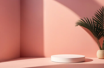 A round white scene on a pastel pink background with palm leaves. Premium empty podium, pedestal for advertising your product. Showcase, display case. Minimal backdrop for product presentation.