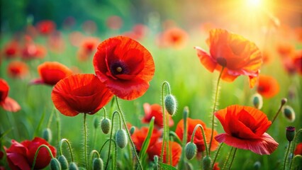 Fototapeta premium Vibrant red poppies blooming beautifully in lush green grass, nature, wildflowers, field, spring, vibrant, colorful, petal, meadow