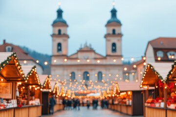 Obraz premium Blurred Christmas market with twinkling lights, festive stalls, and a historical building in the background.