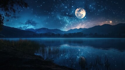 Fototapeta premium The Moon and stars reflected on a still lake, creating a mesmerizing night scene with a sense of tranquility