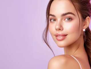 Fototapeta premium A young woman with a radiant smile and glowing skin poses against a soft purple background, showcasing beauty and confidence.