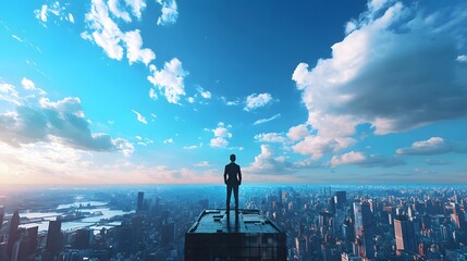 Fototapeta premium A businessman stands on the roof of a skyscraper, overlooking the cityscape with a blue sky and white clouds