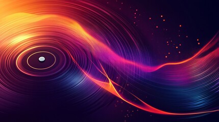 Obraz premium Spinning vinyl record with bright light waves on a dark background.