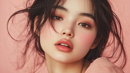 A young woman with soft makeup and tousled hair poses gracefully against a pastel pink background, exuding beauty and confidence.