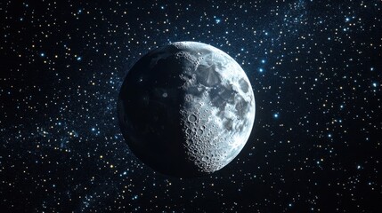 Naklejka premium The Moon in its crescent phase, glowing softly against a starry night sky, surrounded by twinkling stars and deep space